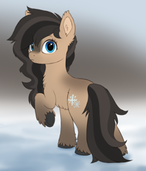 Size: 1700x2000 | Tagged: safe, artist:luminousdazzle, derpibooru import, oc, oc only, oc:flister, earth pony, pony, blue eyes, blurry background, chest fluff, cutie mark, ear fluff, ears, facial markings, female, fluffy, gradient hooves, looking at you, looking back, looking back at you, mare, raised hoof, raised leg, rear view, simple background, snow, snowpony, snowpony (species), taiga pony, unshorn fetlocks, yakutian horse
