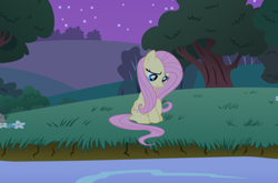 Size: 3330x2203 | Tagged: safe, derpibooru import, fluttershy, pegasus, pony, crying, evening, female, grass, high res, looking down, mare, night, river, sad, sitting, solo, tree