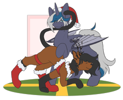 Size: 2117x1711 | Tagged: safe, artist:snows-undercover, derpibooru import, oc, oc:elizabat stormfeather, alicorn, bat pony, bat pony alicorn, cat, earth pony, pony, alicorn oc, bat pony oc, bat wings, blank flank, cat ears, christmas, christmas stocking, clothes, cosplay, costume, duo, eyes closed, female, hat, holiday, horn, male, mare, raised hoof, raised leg, santa hat, simple background, socks, stallion, transparent background, wings