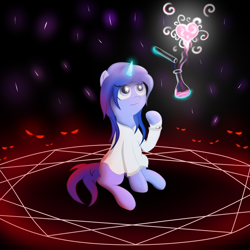 Size: 3000x3000 | Tagged: safe, artist:melody joy, derpibooru import, oc, oc:simetra, pony, unicorn, abstract background, bandage, clothes, female, looking up, love potion, magic, pentagram, potion, potion making, red eyes, robe, solo