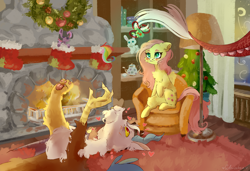 Size: 1280x873 | Tagged: safe, artist:colorbrush, derpibooru import, discord, fluttershy, draconequus, pegasus, pony, blushing, chair, chest fluff, christmas, christmas decoration, christmas tree, christmas wreath, discoshy, duo, ear fluff, ears, female, fireplace, fluffy, folded wings, heart, holiday, indoors, lamp, looking at someone, looking at something, looking up, lying down, male, mare, mistleholly, on back, prehensile tail, raised hoof, raised leg, shelf, shipping, sitting, smiling, straight, tail, tail hold, tree, wings, wreath
