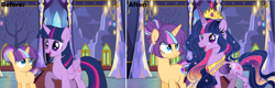 Size: 4448x1416 | Tagged: safe, artist:gihhbloonde, derpibooru import, princess twilight 2.0, twilight sparkle, twilight sparkle (alicorn), oc, alicorn, the last problem, base used, clothes, crown, ethereal mane, eyelashes, female, indoors, jewelry, offspring, older, older twilight, parent:flash sentry, parent:twilight sparkle, parents:flashlight, regalia, smiling, starry mane