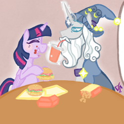 Size: 864x864 | Tagged: safe, artist:dsstoner, star swirl the bearded, twilight sparkle, twilight sparkle (alicorn), alicorn, pony, unicorn, burger, eating, food, french fries, hay burger, hay fries, magic, milkshake