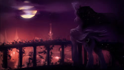 Size: 1278x719 | Tagged: dead source, safe, artist:noben, princess luna, alicorn, pony, canterlot, city, city lights, cityscape, cloud, cloudy, ethereal mane, female, mare, moon, night, rear view, solo