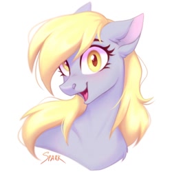 Size: 1280x1280 | Tagged: safe, artist:spark_rarestar, derpy hooves, pegasus, pony, bust, chest fluff, cute, derpabetes, ear fluff, ears, female, floppy ears, golden eyes, gray coat, looking at you, mare, open mouth, open smile, portrait, simple background, smiling, solo, tongue, white background, wide eyes, yellow mane