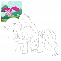 Size: 2048x2048 | Tagged: safe, artist:omelettepony, ponerpics import, screencap, pinkie pie, earth pony, pony, great moments in animation, monochrome, question mark, simple background, sketch, smear frame
