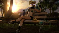 Size: 3840x2160 | Tagged: safe, artist:dawnypegasussfm, derpibooru import, oc, oc:nikytaequeen, anthro, donkey, 3d, belly button, bench, chillaxing, clothes, commissioner:nickyequeen, energy drink, female, headphones, high res, monster energy, park, relaxing, running shoes, solo, sunset, tree