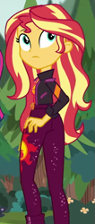 Size: 283x666 | Tagged: safe, derpibooru import, screencap, sci-twi, sunset shimmer, twilight sparkle, equestria girls, equestria girls series, sunset's backstage pass!, spoiler:eqg series (season 2), cropped, duo, duo female, female, frown, looking back, offscreen character, solo focus