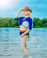 Size: 1080x1350 | Tagged: safe, derpibooru import, applejack, human, equestria girls, applejack's beach shorts swimsuit, belly button, breasts, clothes, cosplay, costume, cowboy hat, hat, irl, irl human, photo