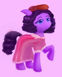 Size: 1592x1989 | Tagged: safe, artist:laurasrxfgcc, derpibooru import, oc, earth pony, pony, curly hair, curly mane, human to pony, pink background, simple background, solo, species swap, transformation