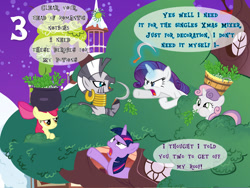 Size: 1280x960 | Tagged: safe, artist:bronybyexception, derpibooru import, apple bloom, rarity, sweetie belle, twilight sparkle, unicorn twilight, zecora, earth pony, unicorn, zebra, advent calendar, apple bloom is not amused, bucket, cauldron, christmas, dexterous hooves, dialogue, fight, golden oaks library, holiday, hoof hold, magic, mistletoe, puffy cheeks, rooftop, sickle, snow, snowfall, this will end in poisoning, unamused, yelling