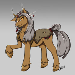 Size: 1024x1024 | Tagged: safe, artist:ghouleh, derpibooru import, oc, oc only, oc:woodwind, unicorn, antlers, female, headdress, mare, pelt, smiling, solo, unshorn fetlocks