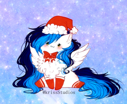 Size: 2404x1978 | Tagged: safe, artist:krissstudios, derpibooru import, oc, oc:blue star, pegasus, pony, chibi, christmas, clothes, female, hat, holiday, mare, santa hat, socks, solo