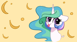 Size: 6800x3704 | Tagged: safe, artist:kittyrosie, derpibooru import, princess celestia, alicorn, pony, absurd resolution, banana, bananalestia, blush sticker, blushing, food, heart, simple background, tongue, tongue out, yellow background