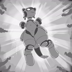 Size: 2867x2873 | Tagged: safe, artist:pabbley, derpibooru import, oc, oc only, pony, robot, robot pony, clothes, crepuscular rays, from below, grayscale, high res, monochrome, solo, underwear, wide hips, worm's eye view