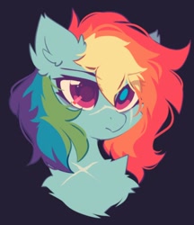 Size: 514x596 | Tagged: safe, artist:mirtash, derpibooru import, rainbow dash, pegasus, pony, alternate universe, black background, bust, chest fluff, ear fluff, ears, portrait, scar, simple background, solo