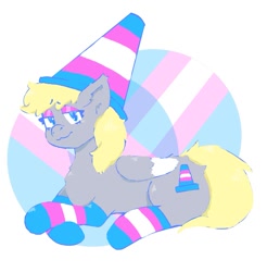 Size: 1217x1237 | Tagged: safe, artist:sugarfrogg_, derpibooru import, oc, oc only, pegasus, pony, clothes, cone, hat, lidded eyes, looking at you, lying down, pride, pride flag, socks, solo, striped socks, traffic cone, transgender pride flag