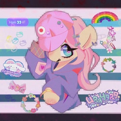 Size: 2000x2000 | Tagged: safe, artist:blairvonglitter, artist:lexiedraw, derpibooru import, fluttershy, pegasus, semi-anthro, cap, clothes, ear piercing, earring, hat, high res, hoodie, jewelry, looking at you, piercing, solo