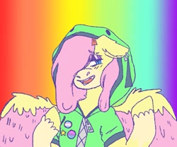 Size: 959x796 | Tagged: safe, artist:sugarfrogg_, derpibooru import, fluttershy, pegasus, pony, semi-anthro, clothes, eyeshadow, frog suit, hair over one eye, hoodie, lidded eyes, looking at you, makeup, rainbow, smiling, solo