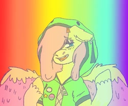 Size: 959x796 | Tagged: safe, alternate version, artist:sugarfrogg_, derpibooru import, fluttershy, pegasus, pony, semi-anthro, clothes, eyeshadow, frog suit, hair over one eye, hoodie, lidded eyes, looking at you, makeup, rainbow, smiling, solo