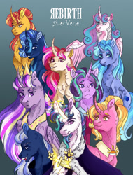 Size: 1280x1680 | Tagged: safe, artist:just-silvushka, derpibooru import, luster dawn, princess celestia, princess flurry heart, princess luna, princess twilight 2.0, starlight glimmer, sunset shimmer, twilight sparkle, twilight sparkle (alicorn), alicorn, pony, unicorn, the last problem, bust, crown, ethereal mane, female, glowing, glowing horn, gradient background, horn, jewelry, magic, mare, older, older flurry heart, older twilight, peytral, regalia, smiling, starry mane
