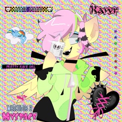 Size: 768x768 | Tagged: safe, artist:blairvonglitter, derpibooru import, fluttershy, pegasus, pony, semi-anthro, alternate hairstyle, antonymph, camera, cellphone, choker, clothes, fluttgirshy, hair over one eye, hoodie, phone, sharp teeth, spread wings, striped mane, teeth, wings