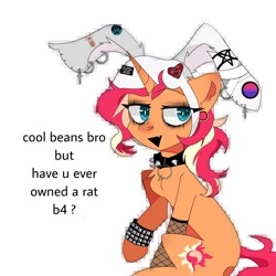 Size: 1024x1024 | Tagged: safe, artist:blairvonglitter, derpibooru import, sunset shimmer, pony, unicorn, bunny ears, choker, ear piercing, earring, jewelry, piercing, solo, spiked choker, wat