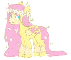 Size: 846x713 | Tagged: safe, artist:sugarfrogg_, derpibooru import, fluttershy, pegasus, pony, aside glance, cheek fluff, chest fluff, coat markings, colored wings, cute, daaaaaaaaaaaw, floral head wreath, flower, flower in hair, fluffy, folded wings, lidded eyes, looking at you, shyabetes, simple background, smiling, socks (coat marking), solo, standing, three quarter view, two toned wings, unshorn fetlocks, white background, wings
