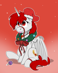Size: 1744x2208 | Tagged: safe, artist:rokosmith26, derpibooru import, oc, oc only, oc:lovers, alicorn, bat pony, bat pony alicorn, pony, bat wings, bow, cheek fluff, chest fluff, christmas, christmas stocking, christmas wreath, commission, ears, female, floppy ears, gradient background, holiday, horn, jewelry, looking up, mare, necklace, one ear down, raised hoof, raised leg, ribbon, simple background, sitting, smiling, solo, sweat, sweatdrop, tail, tongue, tongue out, wings, wreath, ych result