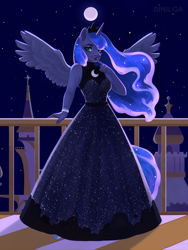 Size: 1280x1701 | Tagged: safe, artist:sinilga, derpibooru import, princess luna, alicorn, anthro, clothes, dress, evening dress, female, full moon, looking at you, mare, moon, night, solo