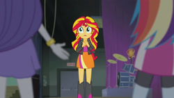 Size: 3410x1920 | Tagged: safe, derpibooru import, screencap, rainbow dash, rarity, sunset shimmer, equestria girls, rainbow rocks, bracelet, clothes, cutie mark, cutie mark on clothes, drums, electric guitar, female, guitar, high res, jacket, jewelry, leather, leather jacket, musical instrument, open mouth