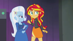 Size: 3410x1920 | Tagged: safe, derpibooru import, screencap, sunset shimmer, trixie, equestria girls, rainbow rocks, blushing, clothes, cutie mark, cutie mark on clothes, duo, duo female, female, hairpin, high res, jacket, leather, leather jacket, smiling