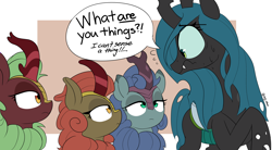 Size: 4000x2215 | Tagged: safe, artist:icey, derpibooru import, cinder glow, maple brown, queen chrysalis, summer flare, oc, oc:nova glow, changeling, changeling queen, kirin, abstract background, dialogue, eyelashes, female, horn, looking at each other, looking at someone, mare, nervous, sweat, sweatdrops, text