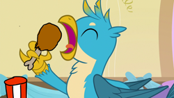 Size: 1280x720 | Tagged: safe, derpibooru import, edit, edited screencap, editor:horsesplease, screencap, gallus, griffon, marks for effort, cannibalism joke, chicken meat, drumstick, food, fried chicken, gallus the rooster, gallusposting, griffons doing griffon things, kfc, meat
