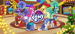 Size: 1666x768 | Tagged: safe, derpibooru import, applejack, emerald flare, gladmane, pinkie pie, sapphire sequins, sapphire shores, earth pony, pony, applejack's hat, clothes, cowboy hat, female, gameloft, hat, las pegasus, loading screen, male, mare, my little pony logo, official, palm tree, stallion, text, tree, unnamed character, video game