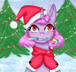Size: 1200x1145 | Tagged: safe, artist:rafiiis, derpibooru import, oc, oc only, pony, unicorn, candy, candy cane, christmas, christmas tree, female, food, hat, holiday, horn, mouth hold, santa hat, snow, solo, tree, unicorn oc, ych example, your character here