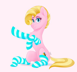 Size: 1920x1800 | Tagged: safe, artist:rand-dums, derpibooru import, oc, oc only, earth pony, pony, clothes, earth pony oc, female, pink background, simple background, smiling, socks, solo, striped socks