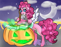 Size: 1019x784 | Tagged: safe, artist:kanimay, derpibooru import, pinkie pie, earth pony, pony, crescent moon, fake wings, female, halloween, holiday, jack-o-lantern, moon, pumpkin, solo