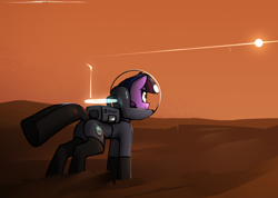 Size: 1978x1407 | Tagged: safe, artist:deafjaeger, derpibooru import, twilight sparkle, unicorn twilight, pony, unicorn, astronaut, desert, female, looking away, mare, outdoors, sand, science fiction, solo, space, spacesuit, standing, sun