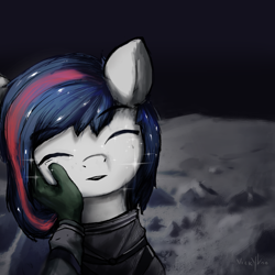 Size: 1500x1500 | Tagged: safe, artist:vickyvoo, derpibooru import, oc, oc:anon, oc:nasapone, earth pony, human, pony, eyes closed, feels, female, greentext, hand, inspired by a song, mare, moon, moonscape, nasapone, offscreen character, offscreen human, pov, sad, space, spacesuit, text