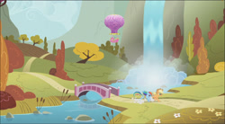 Size: 1632x902 | Tagged: safe, derpibooru import, screencap, applejack, pinkie pie, rainbow dash, spike, fall weather friends, autumn, bridge, hill, hot air balloon, river, running of the leaves, scenery, tree, twinkling balloon, waterfall