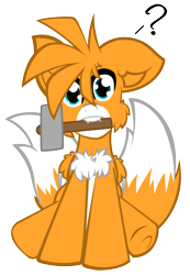 Size: 2869x4140 | Tagged: safe, artist:aerithechidna4rt, derpibooru import, pegasus, pony, cheek fluff, chest fluff, cute, fangs, fluffy, hammer, looking at you, miles "tails" prower, mouth hold, multiple tails, ponified, question mark, simple background, sitting, sonic the hedgehog (series), tail, teeth, transparent background, two tails