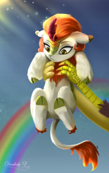 Size: 1800x2851 | Tagged: safe, artist:darksly, derpibooru import, autumn blaze, discord, draconequus, kirin, cute, female, funny, holding a kirin, looking down, male, movie reference, offscreen character, rainbow, the lion king