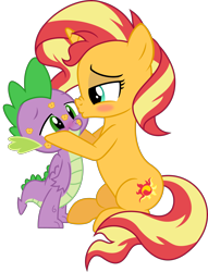 Size: 3738x4898 | Tagged: safe, artist:kingdark0001, derpibooru import, spike, sunset shimmer, dragon, blushing, cute, female, kiss mark, kissing, lipstick, lucky bastard, male, romantic, shipping, simple background, straight, sunsetspike, transparent background, winged spike, wings