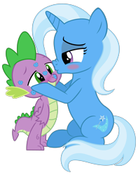 Size: 3566x4531 | Tagged: safe, artist:kingdark0001, derpibooru import, spike, trixie, dragon, blushing, cute, female, kiss mark, kissing, lipstick, lucky bastard, male, romantic, shipping, simple background, spixie, straight, transparent background, winged spike, wings