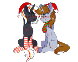 Size: 2560x2048 | Tagged: safe, artist:valkiria, derpibooru exclusive, derpibooru import, oc, oc only, oc:littlepip, oc:velvet remedy, pony, unicorn, fallout equestria, 2022 community collab, blushing, christmas, clothes, cute, derpibooru community collaboration, eyes closed, grin, hat, high res, holiday, santa hat, scarf, simple background, sitting, smiling, socks, striped socks, transparent background