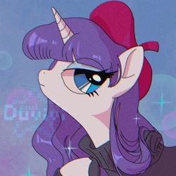 Size: 2000x2000 | Tagged: safe, artist:duvivi, derpibooru import, rarity, pony, unicorn, 90s anime, alternate hairstyle, anime, beatnik rarity, beret, clothes, female, hat, high res, mare, profile, solo, style emulation, sweater