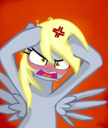 Size: 1228x1457 | Tagged: safe, artist:lennondash, derpibooru import, derpy hooves, pegasus, pony, angry, bloodshot eyes, blushing, blushing profusely, cross-popping veins, female, head in hooves, looking at you, mare, open mouth, red background, simple background, solo, spread wings, wings