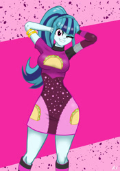 Size: 1280x1824 | Tagged: safe, artist:lennondash, derpibooru import, sonata dusk, equestria girls, adorasexy, arm behind head, breasts, cute, female, grin, looking at you, one eye closed, sexy, smiling, smiling at you, solo, sonata bust, sonatabetes, taco dress, wink, winking at you