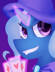 Size: 1595x2077 | Tagged: safe, artist:catbxyalexx, derpibooru import, trixie, unicorn, bust, cape, card, female, gradient background, hat, magic, mare, playing card, portrait, solo, telekinesis, trixie's cape, trixie's hat